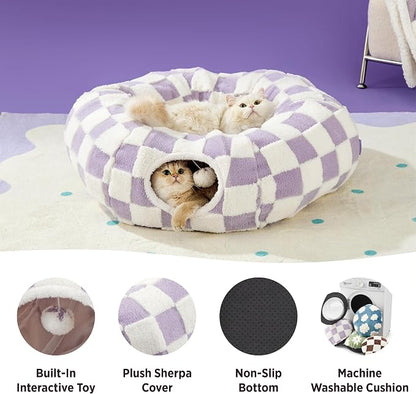 Lesure Donut Cute Jacquard Cat Tunnel Bed Kitten Toys for Puppy Bunny | 33.5x33.5x10in,Round Cat Bed Tube for Indoor Cats Rabbit Dog,Pet Peekaboo Cave Toy,Spiral Hideaway,Washable Cushion,Lavender