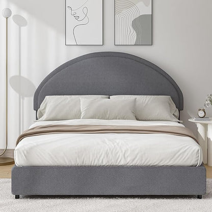 Queen Bed Frame, Upholstered Platform Bed with Headboard, Boucle Bed Frame with Round Conner, No Box Spring Required, Easy Assembly, Grey
