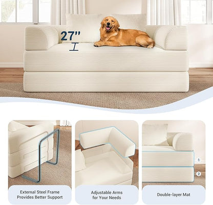 Cloud Boneless Convertible Floor Sofa Bed, 70" 4-in-1 Foldable Compressed Loveseat Lounge Sleeper 2 Seater Couches, High-Density Sponge & Corduroy Fabric Futon Daybed for Living Room Bedroom(Beige)