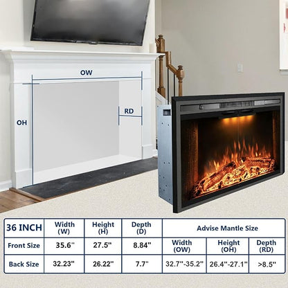 Electric Fireplace Insert, 36 Inches Recessed Fireplace Heater