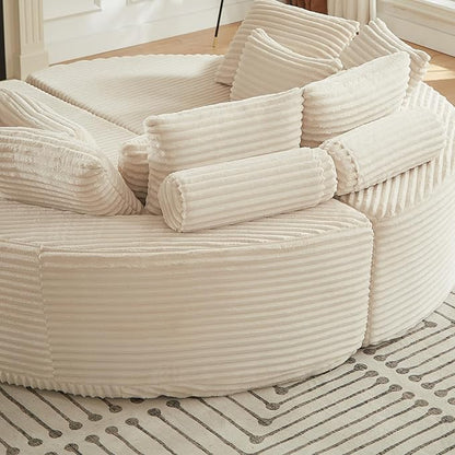 78-inch Oversized Round Chaise Lounge Chair Indoor, Convertible Folding Sofa Bed w/ 10 Pillows, Fluffy Corduroy Boneless Compressed Memory Foam Couch for Living Room, Bedroom (Beige, Left & Right)