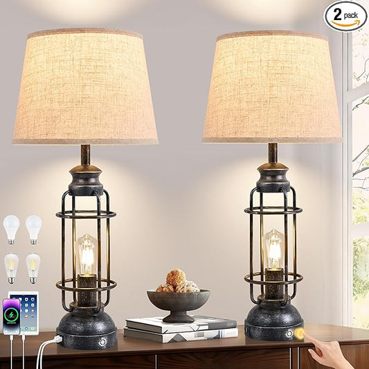 28" Table Lamps for Living Room Set of 2, 3 Way Dimmable Touch Lamps with USB A+C Ports,Farmhouse Table Lamps for Bedroom,Industrial Lamp for Living Room End Tables, 4 Bulbs Included