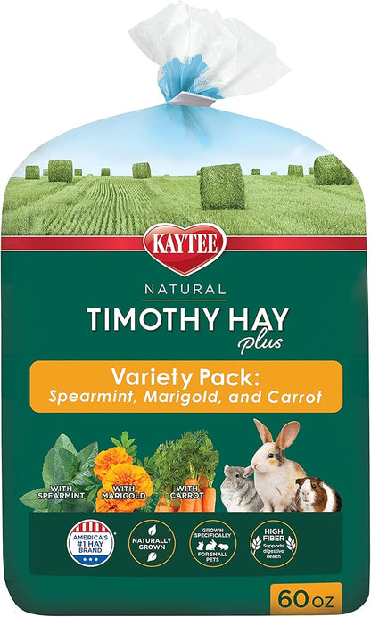 Kaytee Timothy Hay Plus Spearmint/Marigold/Carrot 3 Flavor Variety Pack for Pet Guinea Pigs, Rabbits & Other Small Animals, 60 Ounce (Pack of 1)