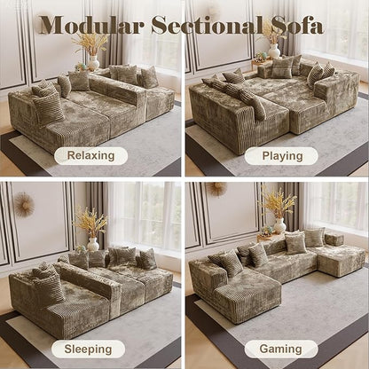 130'' U Shaped Couched for Living Room, Cloud Modular Sectional Couch with 2 Chaise Lounge, Modern Minimalist Upholstered Sofa Sleeper Deep Seat Corner Couch, No Assembly Required Light Coffee