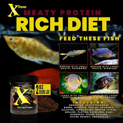 Xtreme Beef Heart Flakes - High Protein, Nutrient-Dense for Tropical & Freshwater Fish, Supports Growth, Color Enhancement, Easy Digestion - Ideal for Discus and Cichlids (2oz)