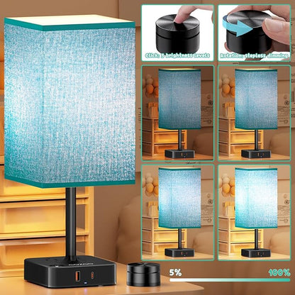Nightstand Lamp & USB C+A Fast Charging Station: Modern Bedside Table Lamp with Remote & Touch Control, Warm Dimmable Light for Bedroom Nursery, Living Room End Tables, Home Office Desk | Green Shade