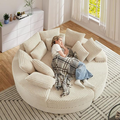 78-inch Oversized Round Chaise Lounge Chair Indoor, Convertible Folding Sofa Bed w/ 10 Pillows, Fluffy Corduroy Boneless Compressed Memory Foam Couch for Living Room, Bedroom (Beige, Left & Right)