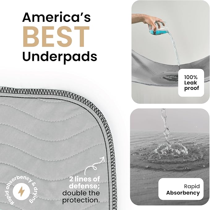 IMPROVIA® Washable Underpads 34" x 52" Pack of 2 Heavy Absorbency Reusable Bedwetting Incontinence Pads for Adults, Kids, & Pets - Waterproof Protective Pad for Bed, Couch, Sofa, Floor (Gray & White)