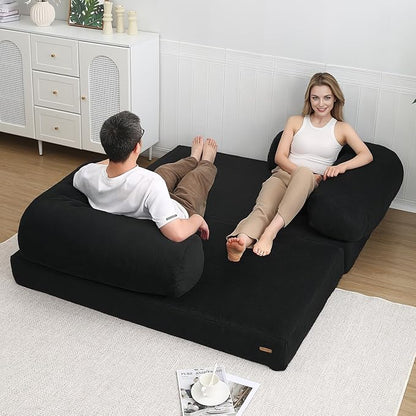 COMAX 4-in-1 Futon Sofa Bed, Queen Size Foldable Couch with L-Shaped Armrests, Convertible Sleeper Chair Bed, Comfortable Lounge Mattress for Living Room and Bedroom, Dark Black
