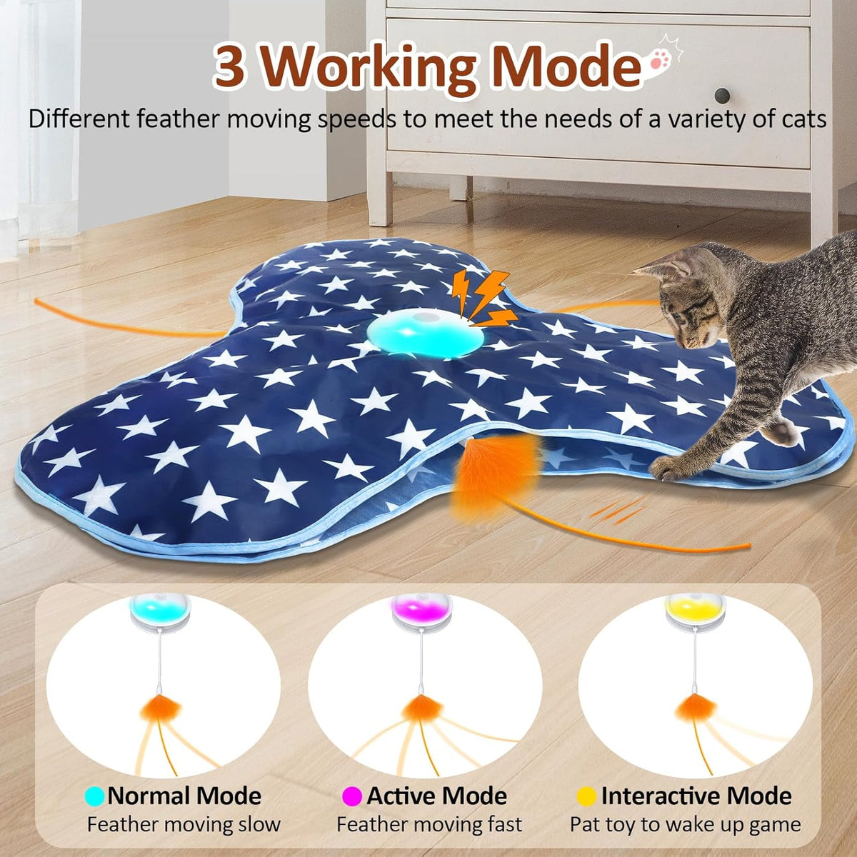 Interactive Cat Toy Rechargeable, Cat Exercise Toys for Indoor Bored Adult Cats, Hide and Seek Toy with Motion Activated, Moving Feather, Chirping