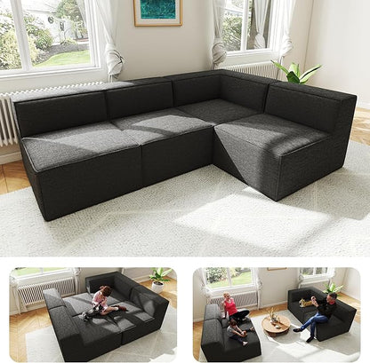 97" Sectional Compressed Sofa Modular Couches,High-Density Foam No Assembly Required,3-Piece(1xCorner 3xArmless) for Living Room, Chenille Dark Grey