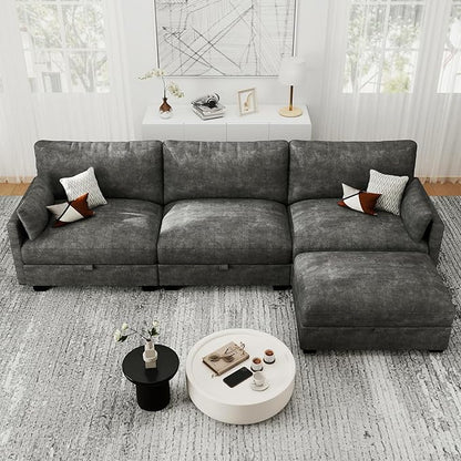 Modular Sectional L Shaped Sofa Couches for Living Room, Cloud Couch with Storage Ottoman, Comfy Chenille Sofa with Pillow, Dark Gray