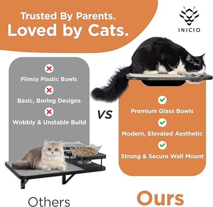 INICIO Cat Wall Shelves – Dog Proof Feeding Station with Wall Mounted Shelves, Durable 3 Step Birch Floating Shelf for Cats Up to 15lbs, Includes Attached Cat Food Bowl for Convenient Feeding – Black