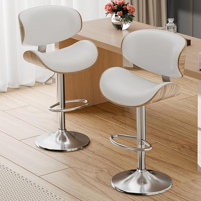 Aowos Bar Stools Set of 2, Adjustable Swivel Leather Bar Stools for Kitchen Island, Mid Century Modern Counter Height Bar Chairs Barstools with Back & Footrest (Cream White)