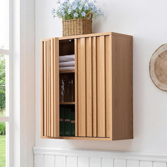 Fluted Wall Cabinet for Bathroom, Modern Wood Hanging Storage Organizer