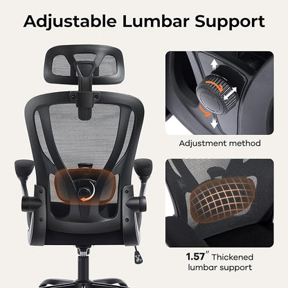 shipborne Office Chair Ergonomic Office Chair with Lumbar Support, Head Support, Rocking Function, FILP-up Armrests, Mesh High Back Chair Home Office Desk Chair, Suitable for Home, Office, Black