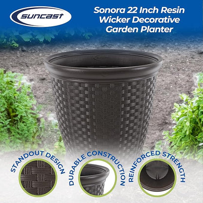 Suncast 2 Pack Sonora 22 Inch Plastic Wicker Indoor or Outdoor Decorative Garden Flower Planter for Entryways, Porch, and Backyard Patios, Dark Brown