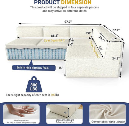 97" Sectional Compressed Sofa Modular Couches,High-Density Foam No Assembly Required,3-Piece(1xCorner 3xArmless) for Living Room, Chenille Beige White