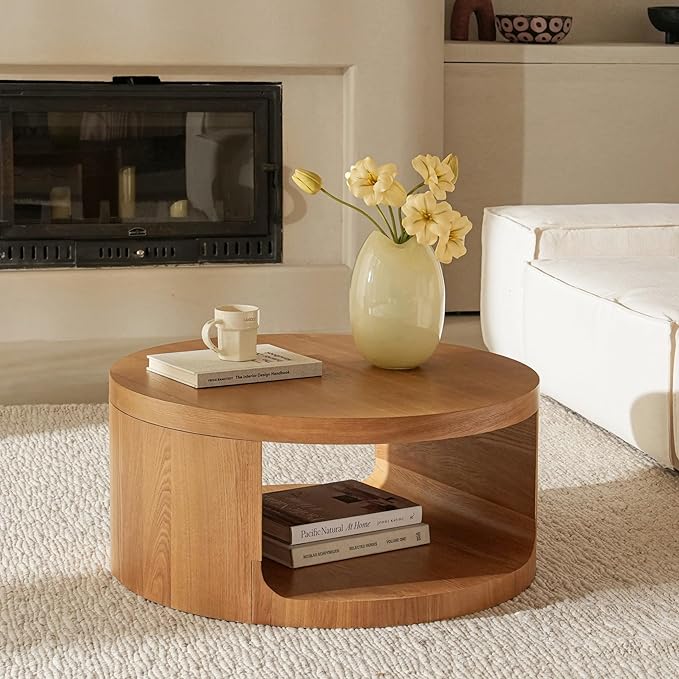 Round Coffee Table with Storage, 31.5" Modern Living Room Table, 2 Tier Circle Wood Center Tables for Apartment, Living Room, Open-Style Storage Cocktail Tables, 31.5"*15.7" (Nature Wood)
