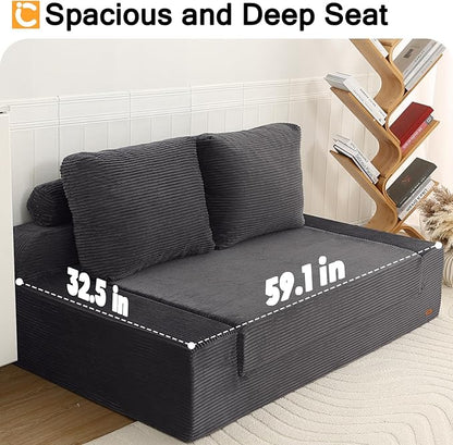 COMAX Convertible Sofa Bed Queen, Folding Floor Couch Corduroy Fold Out Couch Bed Sleeper Mattress with Back Pillows, Boneless Pull Out Loveseat Comfy Futon Lounge for Living Room Bedroom, Grey