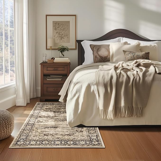 4x6 Area Rugs for Living Room Machine Washable Vintage Floral Boho Rugs Non Slip Stain Resistant Low Pile Soft Faux Fur Carpet Rug for Bedroom Patio Dining Room Home Office Kids Room,Hazel Brown
