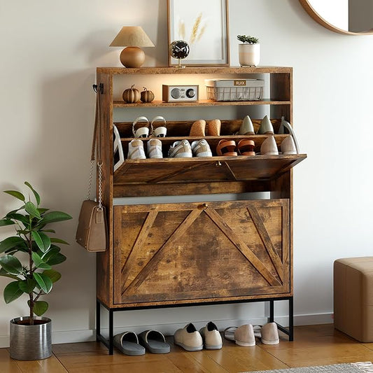 Shoe Storage Cabinet with 2 Flip-Up Doors, Freestanding Hidden Shoe Storage