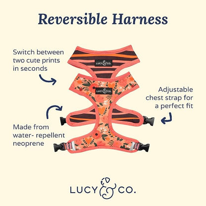 Lucy & Co. Reversible Dog Harness - Water-Repellent Neoprene, Dual-Print Design, Easy Swap Style, Adjustable Comfort Fit - Posy Pink Reversible Harness - X-Small