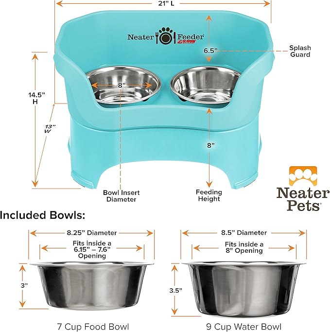 Neater Pet Brands Neater Feeder Deluxe Mess Proof Dog Bowls Elevated for Large Dogs Over 40 lbs, Made in USA, No Spill Raised Dog Food Bowl Stand Feeding Station, Food and Water Bowl Set, Aquamarine