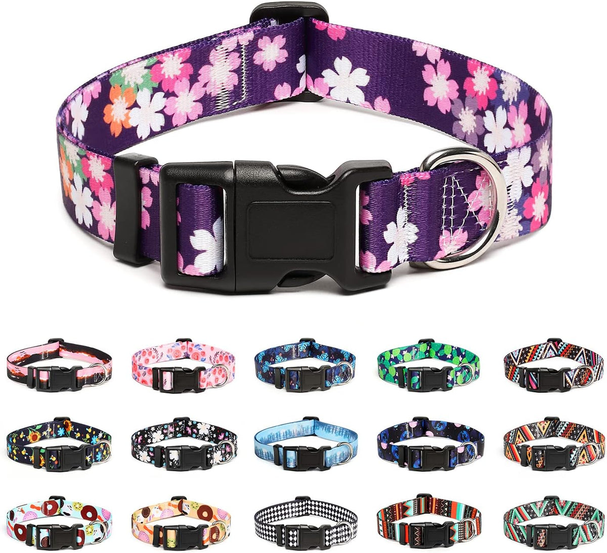 Mercano Adjustable Dog Collar - Special Design Patterns, Soft Nylon Comfortable Sturdy Pet Collar for Small Medium Large Dogs (L, Floral Pink)