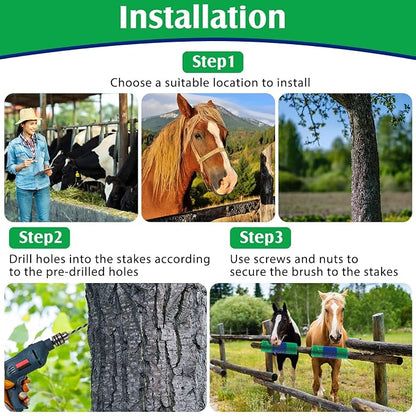 3 Pack Livestock Scratching Brush, Blue and Green | Animal Scratcher, Itch Relief Grooming, Horse Goat Cow Scratcher, Fence Post Mounting, Durable Bristles, Farm Livestock Care