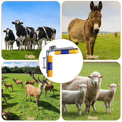 Livestock Scratch Brush With Spring Iron Holder，Animal Back Scratching Brush Including 4pcs goat brushes, 4 stands and accessories For Cow,Cattle,Sheep, Horses,Pigs，Massage Grooming Tool（Yellow）