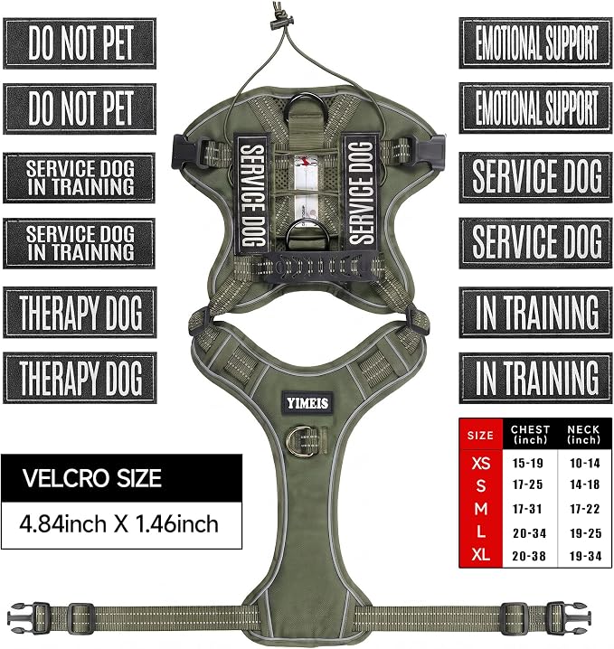 Service Dog Tactical Vest Harness and Leash Set Large Sized Dog Emotional Support- Tactical Dog Harness Training Collar with Name (Army Green, XL)