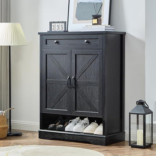 SOOWERY Shoe Cabinet with Drawer, Farmhouse Shoe Storage Cabinet with Doors