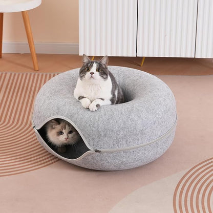 Large Cat Tunnel Bed for Indoor Cats with 3 Toys, Scratch Resistant Donut Cat Bed, Up to 30 Lbs (L 24x24x11, Light Grey)