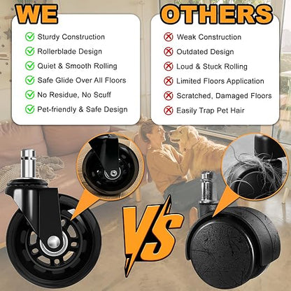 FreekyFit Office Chair Wheels for Casters Replacement - 3" Rubber Wheels for Computer Gaming Desk Caster Smooth & Safe Rolling for All Floors Including Hardwood and Carpet - Set of 5 - Black
