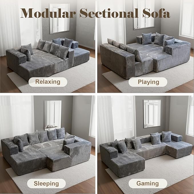106'' Boneless Couches for Living Room, L Shaped Modular Sectional Sofa with Chaise Lounge, Faux Rabbit Fur & Layered Cushion Deep Seat Cloud Couch, No Assembly (Grey, 130 U Shaped)