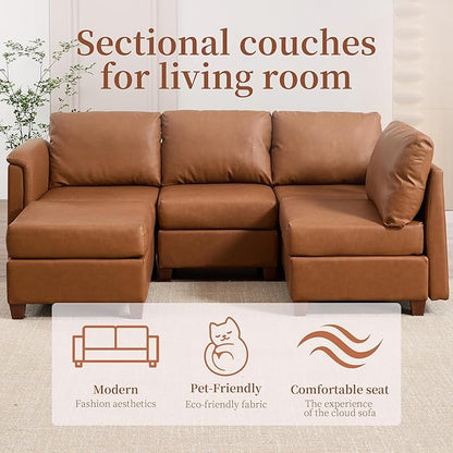 Atrtivoent 111.8" Modular Sectional Sofa,Modern L Shaped PU Leather Sofa with Storage,5 Seat Deep Seat Sectional Couch for Living Room,Brown