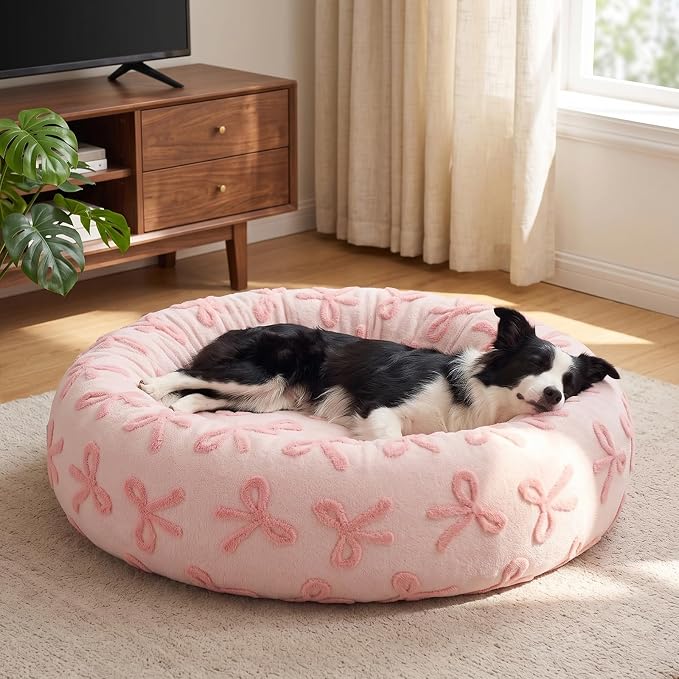 JOEJOY Jacquard Donut Round Small Dog Beds,Pink 23x23x8in, Removable Washable Cover, Cute Pattern, Ultra Soft Fluffy Calming Pet Bed with Thick Supportive Bolster