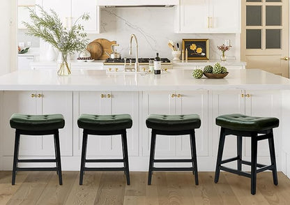 RNKSFX Counter Height Bar Stools Set of 6 for Kitchen Counter Farmhouse Modern Barstools with Faux Leather Upholstered Backless Seat and Solid Wood Legs 24 inch Bar Chairs, Green + Black