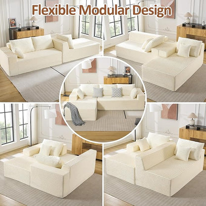 110" Boneless Sectional Couch with Chaise Lounge, Cloud Couch Compressed Sofa L Shape, No Assembly Memory Foam Sofa for Living Room, White Corduroy