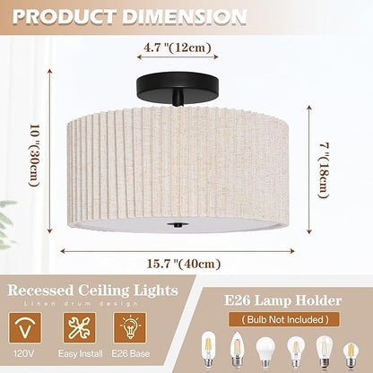 3-Light Semi Flush Mount Ceiling Lights Fixture 15.7 Inch Drum Light Fixture Drum Ceiling Lights with Pleated Fabric Shade Black Close to Light Fixtures for Hallway Living Room