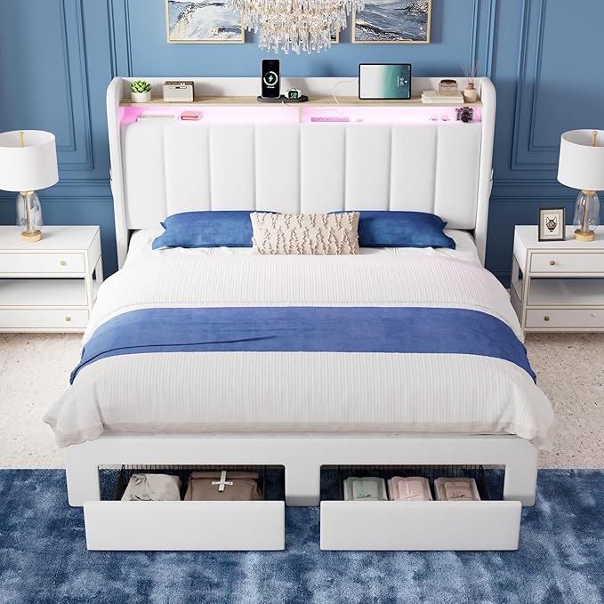 Allewie Velvet Vertical Tufted Full Size Upholstered Platform Bed Frame with 2-Tier LED Storage Headboard & 2 Storage Drawers, USB & Type-C Charging Ports, Noise-Free/No Box Spring Needed, White