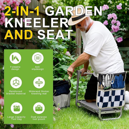YUFNMKT Garden Kneeler and Seat, Wider Thicker Kneeling Pad, Heavy Duty Garden Stool Includes Gardening Tools Pouch and Bag, Convertible Garden Bench Kneeling Chair/Gifts for Parents Women Seniors