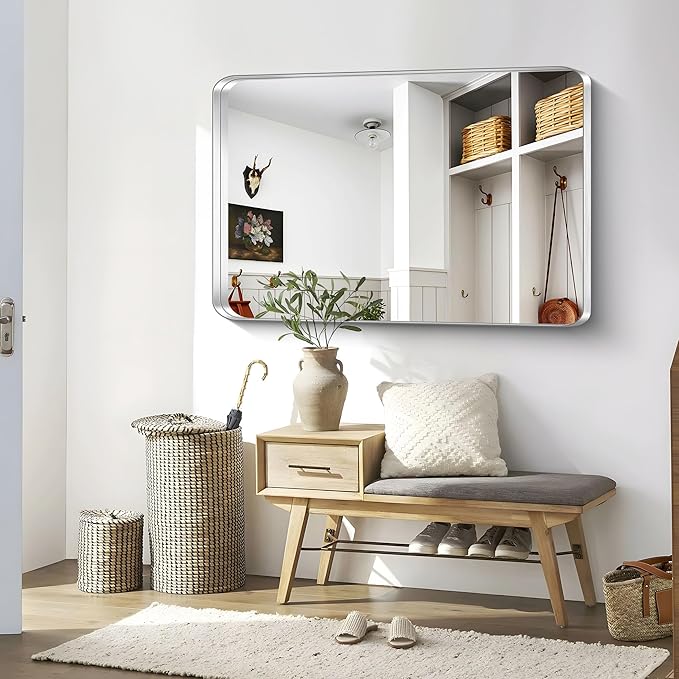 CIRCUMI Silver Bathroom Mirror, Rounded Corner, Tempered Glass, Large Mirror