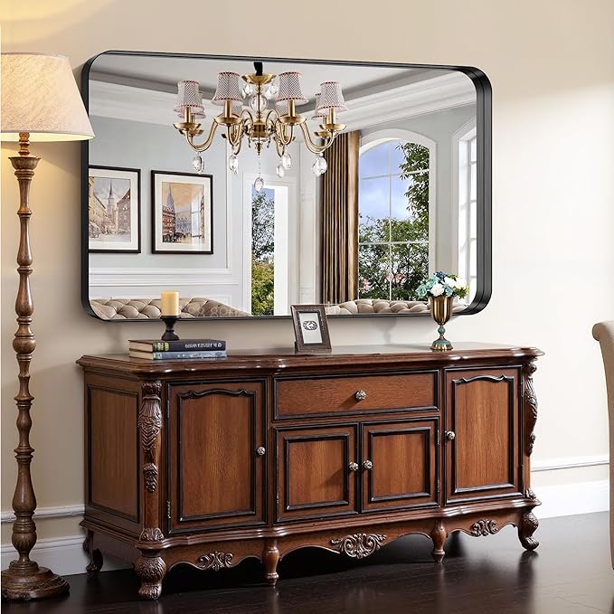 CIRCUMI Black Bathroom Mirror, Rounded Corner, Tempered Glass, Large Mirror