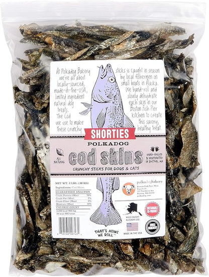 Polkadog Cod Skins for Dogs (2lb Shortie) - Single Ingredient, Wild-Caught Fish Skin Dog Treats for All Breeds – High in Lean Protein & Omega-3. Hypoallergenic, Grain Free. Handcrafted & Made in USA