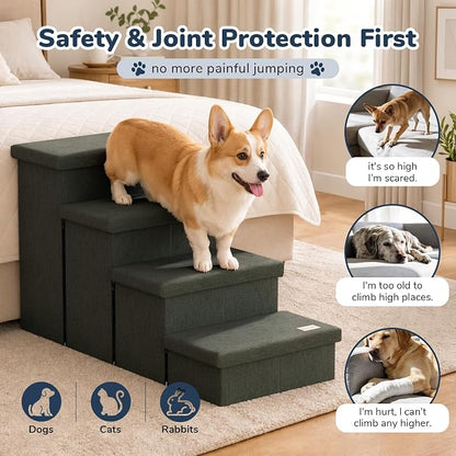 4-Step Wide Dog Stairs with Storage 23" H, Non-Slip Sturdy Pet Steps for High Bed Couch Window, Pet Stairs for Small/Medium/Large Old Dogs Cats Up to 220lbs, Cat Dog Steps for Car, Grey Green