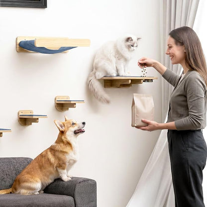 Cat Wall Shelves - Wall Mounted Cat Shelves with Feeding Station | Natural Wood Finish, Solid Pinewood, Gray Carpet, Supports Up to 33 lbs, Stainless Bowls, Dog-proof, Lounging, Climbing