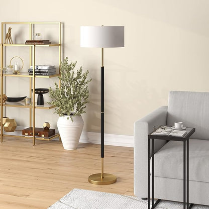 Henn&Hart 2-Light Floor Lamp with Fabric Shade in Matte Black/Brass/White, Floor Lamp for Home Office, Bedroom, Living Room, 61" Tall