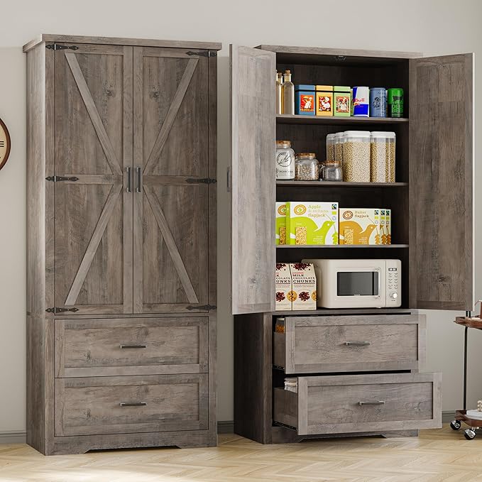 Pantry Organizers and Storage Cabinet, 71” Barn Door White Kitchen Cabinet